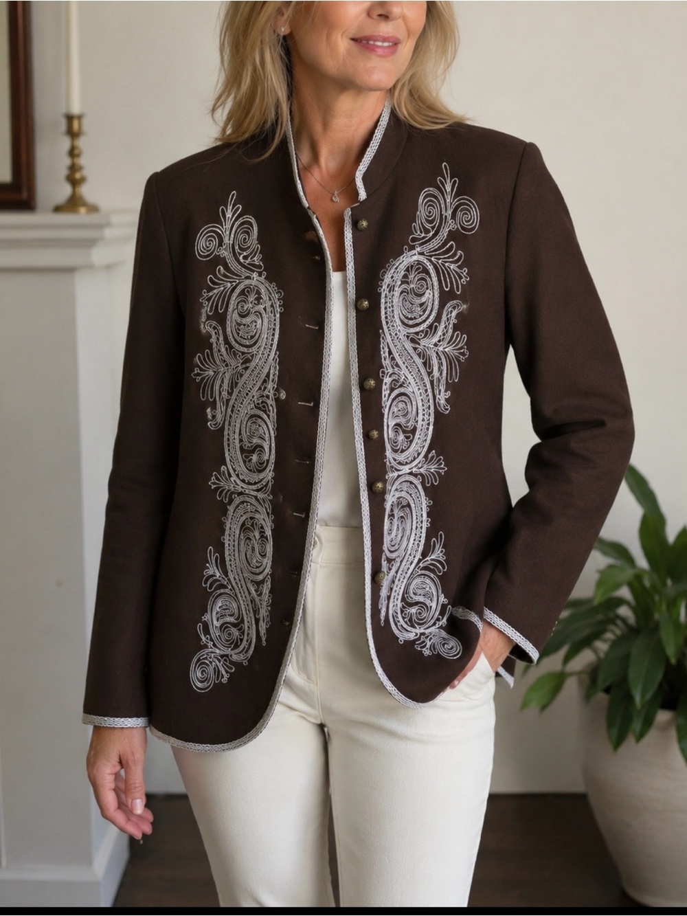 Nygard Brown Linen Blend Jacket White Soutache Embroidery Button Front 12 / L